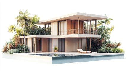 Fototapeta premium Modern resort style house with pool and tropical plants