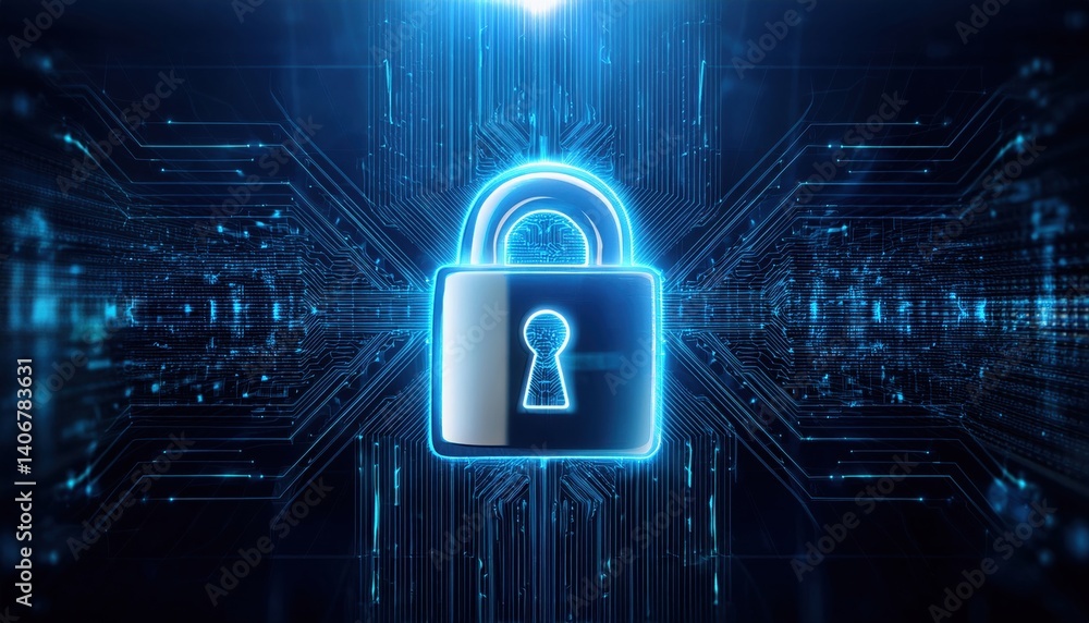 Aufkleber futuristic cyber lock with glowing elements in dark matrix environment and detailed close-up view