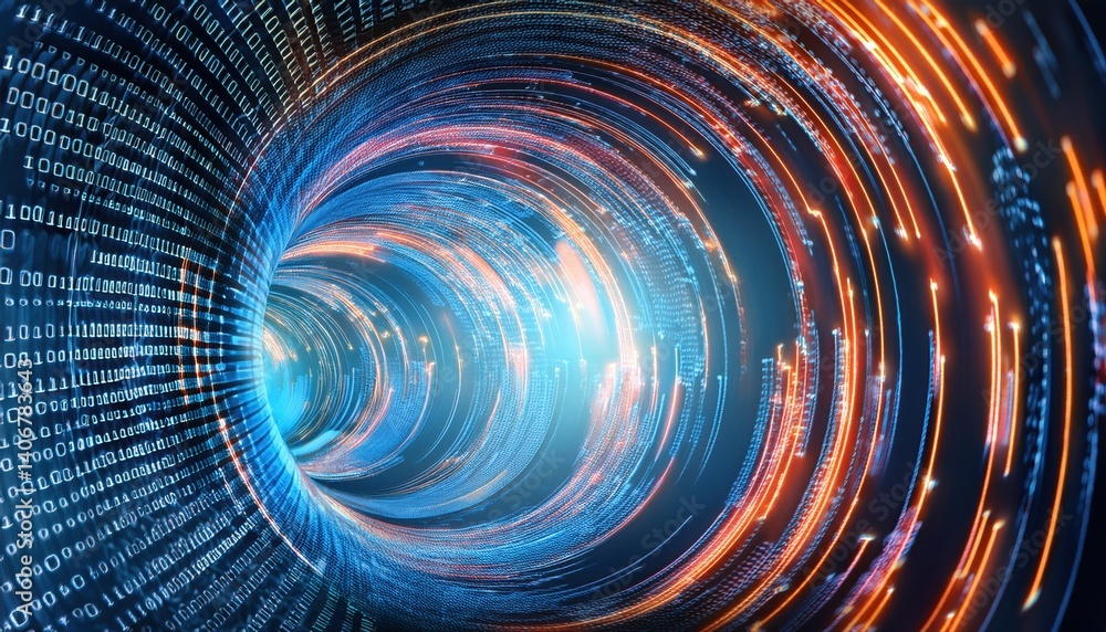 Poster high-tech encrypted tunnel of neon binary code streams with digital swirl effect and close-up detail
