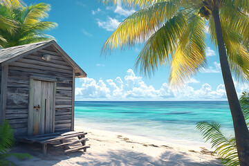 Tropical paradise: beach hut and palm tree on sandy island coast with turquoise sea and blue sky