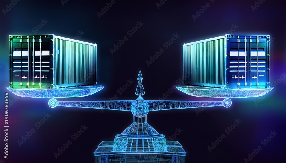 Poster shipping container holograms balanced on virtual scale representing trade imbalance in digital desig