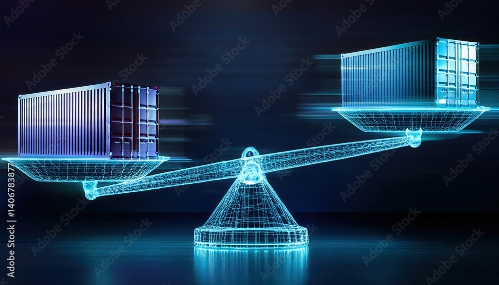 Poster holographic shipping container on virtual scale representing trade imbalance in digital visualizatio