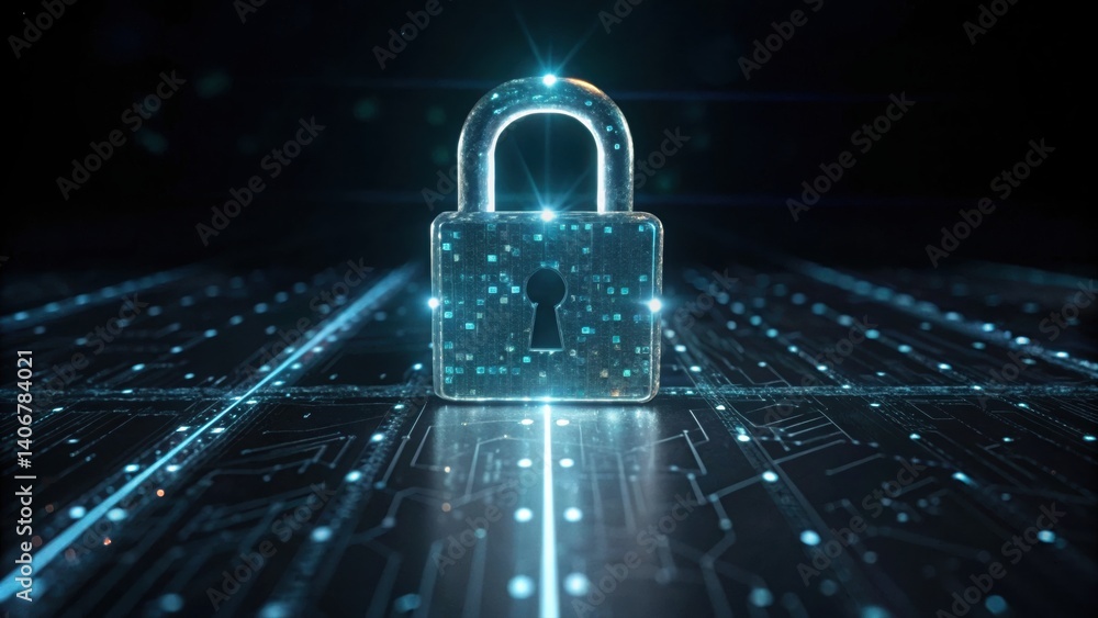Poster futuristic cyber lock glowing in a dark matrix environment symbolizing advanced digital security mea