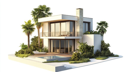 Modern resort style house with pool and palm trees on white background