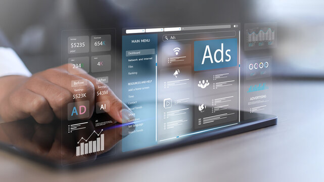 Digital marketing online sales concept. Businessman using laptop with advertising dashboard, promoting product or service through digital channels, search engines, email, website ads and social media.