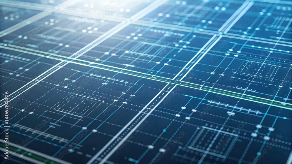 Poster blueprint of a circuit board designed using light and code illustrating organizational structure and