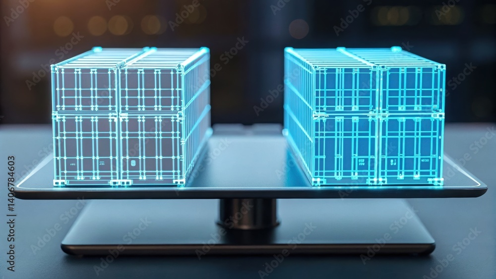 Poster two holographic cubes on table representing advanced shipping container visualization and technology