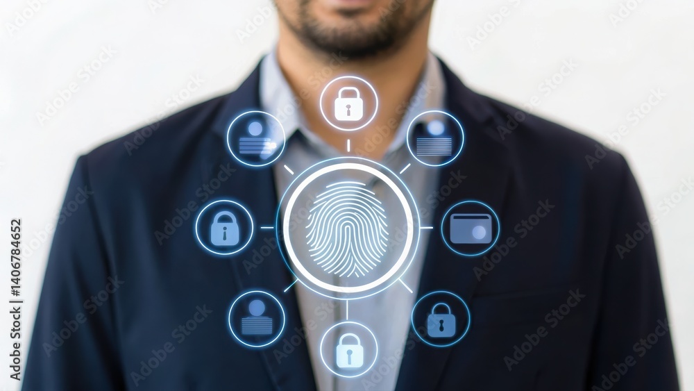 Poster businessman in suit displaying fingerprint as a symbol of secure transaction authorization process