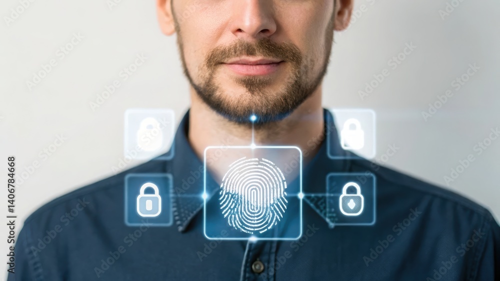 Poster man with fingerprint on his face representing personal identity and security in digital era