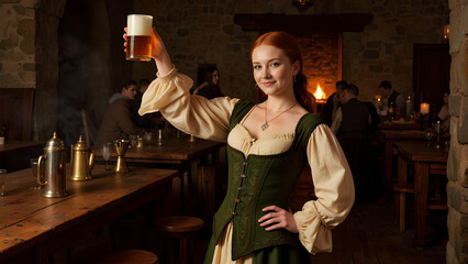 Eine selbstbewusste mittelalterliche Frau mit zurückgebundenem braunem Haar, einem dunkelgrünen Korsett und einer Leinenbluse, erhebt einen Krug Bier zu einem freundlichen Toast. KI Generated