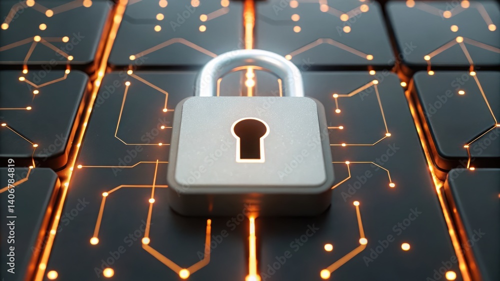 Poster padlock positioned on computer keyboard representing secure digital payment session and protection