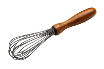 Whisk with wooden handle for mixing ingredients in culinary preparation