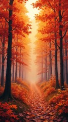 Autumn forest path illuminated by warm light  