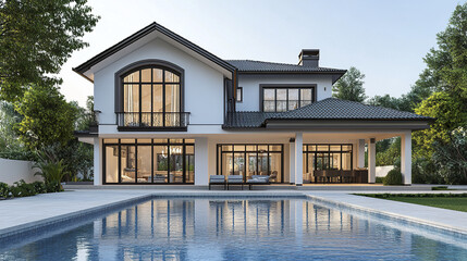 Fototapeta premium Elegant modern house with large windows and pool in serene setting