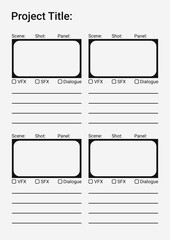 Professional film storyboard template with 16:9 frames. Perfect for Filmmakers, Designers & Animators. Movie storyboard layout, ideal for scene planning. A4 size template for filmmakers and designers
