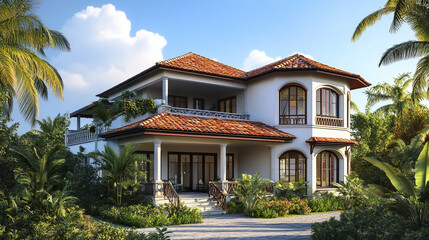 Obraz premium Elegant two story house with red roof surrounded by lush greenery