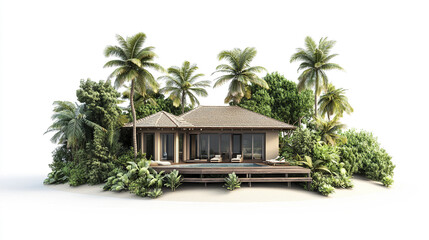Fototapeta premium Tropical resort style house surrounded by lush greenery and palm trees