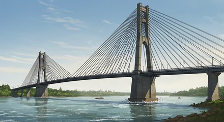 Fototapeta premium Majestic Cable-Stay Bridge: A Serene Illustrated Landscape