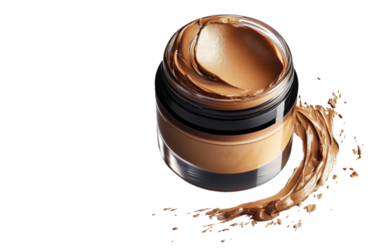 High-quality cream foundation in a glass jar with a smooth texture and rich color