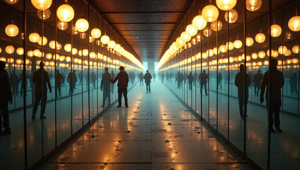 A mirror maze reflecting endless, ghostly and surreal background
