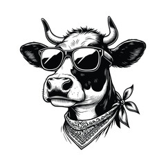 hand drawn Illustration of cow wearing sunglasses black and white vector