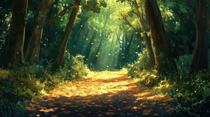 Obraz premium Sunlight filtering through a forest path covered in autumn leaves.