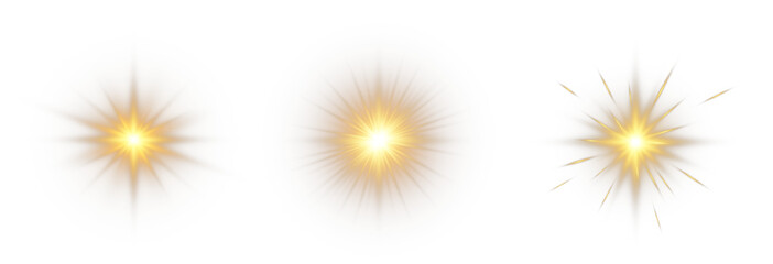 Set of realistic suns. Vector illustration of gold color, abstract laser speed lines. Glare, horizontal light rays png. Glowing linear background.	
