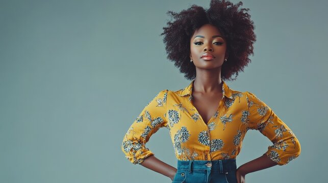 Portrait of young african american woman standing with hands on waist and looking at camera. Confident stylish black girl standing against grey background. Happy afro girl smiling with copy space.