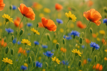 Naklejka premium field of flowers showcases orange poppies, yellow daisies, and blue cornflowers, evoking sense of beauty amidst depression