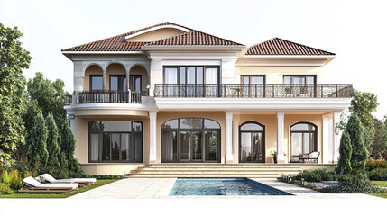 Fototapeta premium Elegant two story house with pool and garden, featuring classic design