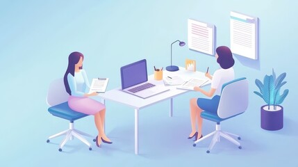 Planning, reading and financial advisor with client for document, investment discussion and tips. Business office, women team and talking with paperwork for policy review, laptop or corporate meeting