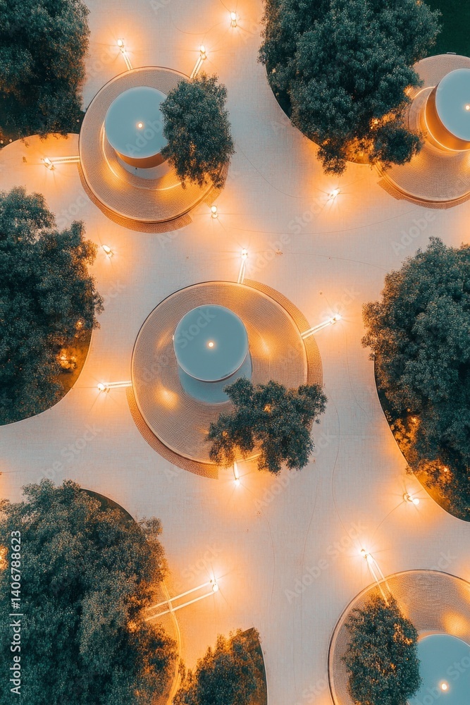 Poster unique aerial view of illuminated outdoor circular structures surrounded by trees at night in a sere
