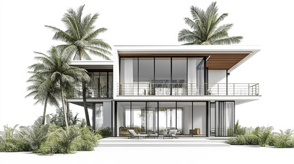 Fototapeta premium Modern resort style house with palm trees and large windows