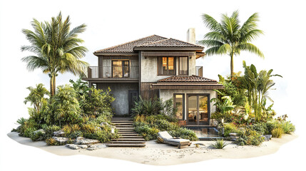 Fototapeta premium Tropical resort style house with lush greenery and palm trees