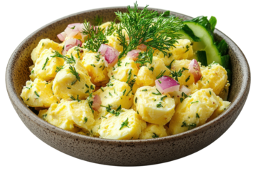 Creamy potato salad with herbs and vegetables served in a rustic bowl