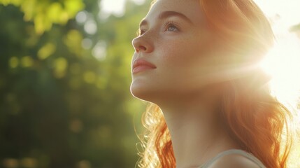 Young woman standing outdoors feeling the sun on her face