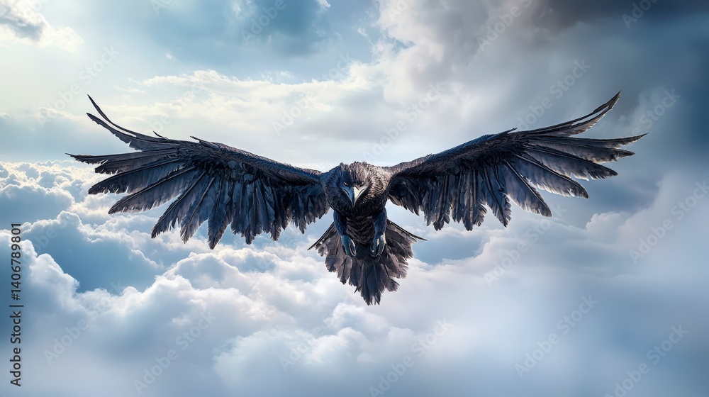 Poster majestic raven soaring over clouds nature scene digital artwork aerial view freedom and power concep