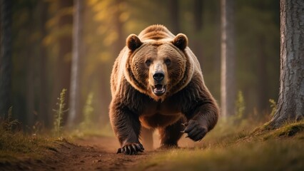 Fototapeta premium A fierce brown bear is captured mid-roar while charging forward in a forest setting