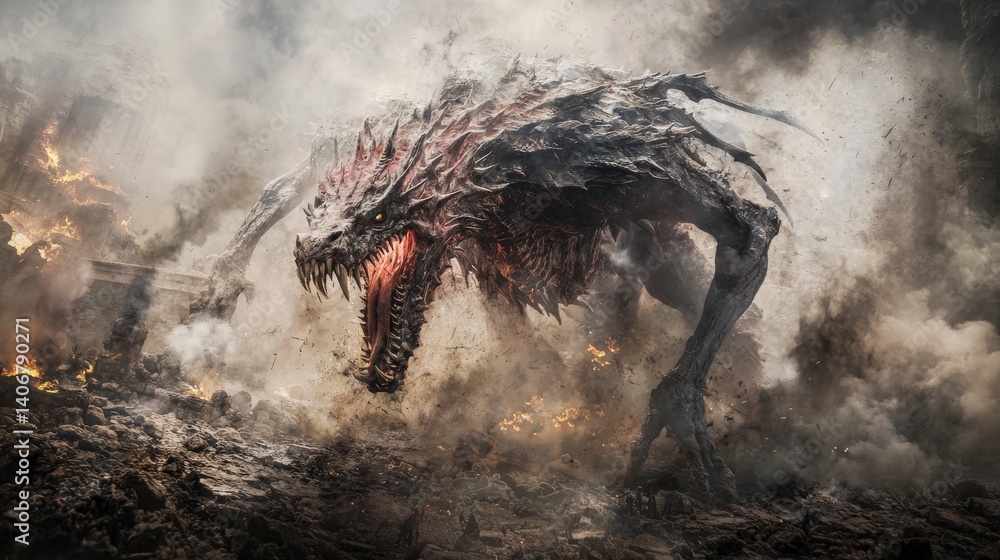 Poster epic battle unleashed mythical creature confronts chaos in a fiery ruinous landscape