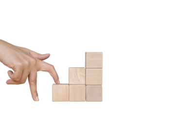 Fingers walking up blocks as stairs for concept about business and climbing up in seniority.