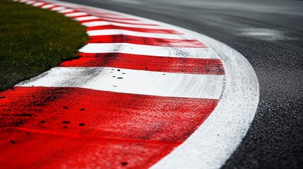 Close up of red and white painted curb, grass, and asphalt of speedway race track turn