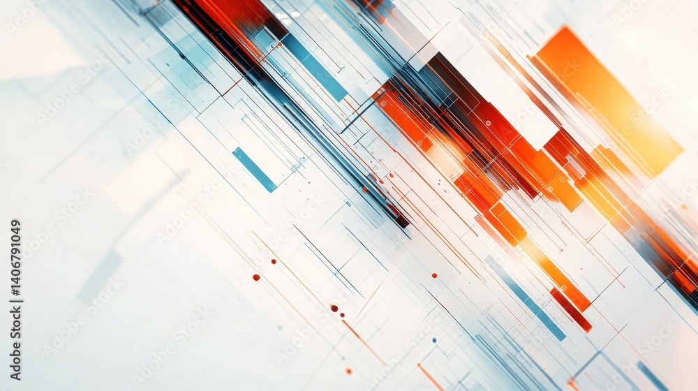 Poster abstract white background with layered geometric shapes and connected lines in orange blue and red. 