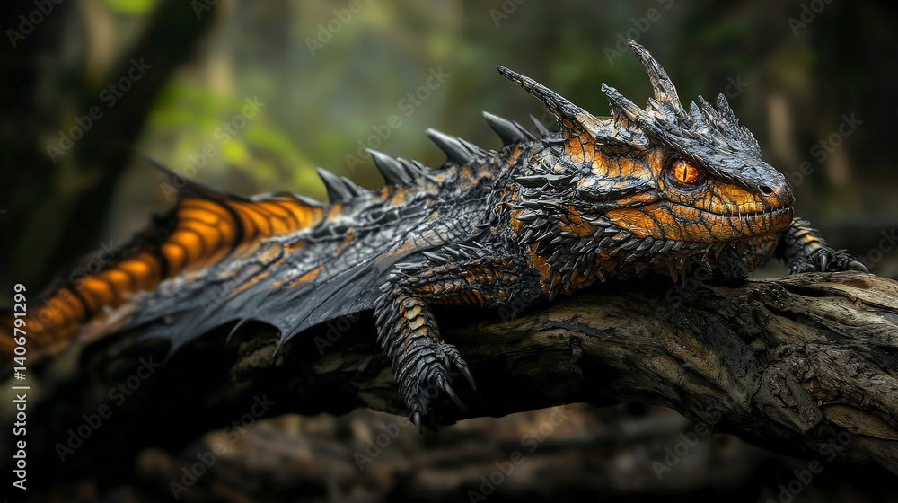 Poster majestic dragon resting on a fallen log in enchanted forest fantasy art mystical environment close-u