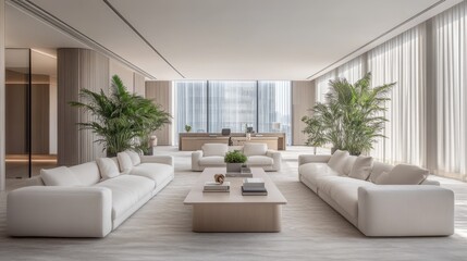 Fototapeta premium bright, airy office with large windows in soft, natural light. space features modern white sofas and casual seating area, with light wooden desk in center.