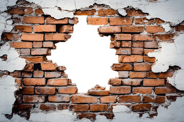 Hole in broken brown brick wall