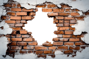 Hole in broken brown brick wall