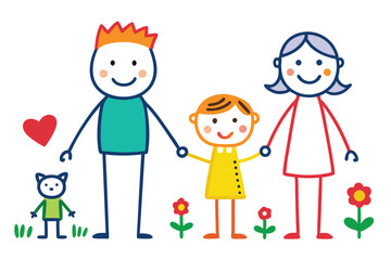 Fototapeta premium Drawn cartoon family holding hands with cat, flowers and a heart symbol