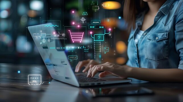 Digital marketing commerce online sale concept, Promotion of products or services through digital channels search engine, social media, email, website, Digital Marketing Strategies and Goals. SEO PPC