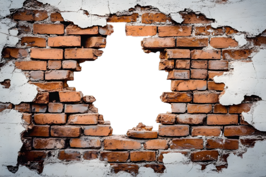 Hole in broken brown brick wall
