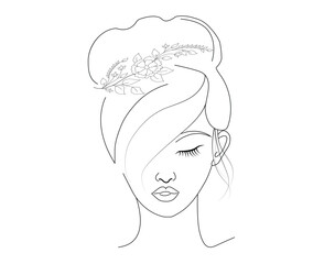A wonderful abstract woman face , wavy longhair, hair bun and vector illustration line drawing with cap.